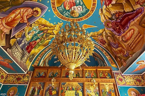 Romania-Maramures-Aspra-commune of Vima Mica Blue church interior and exterior de Lemn Architecture Print